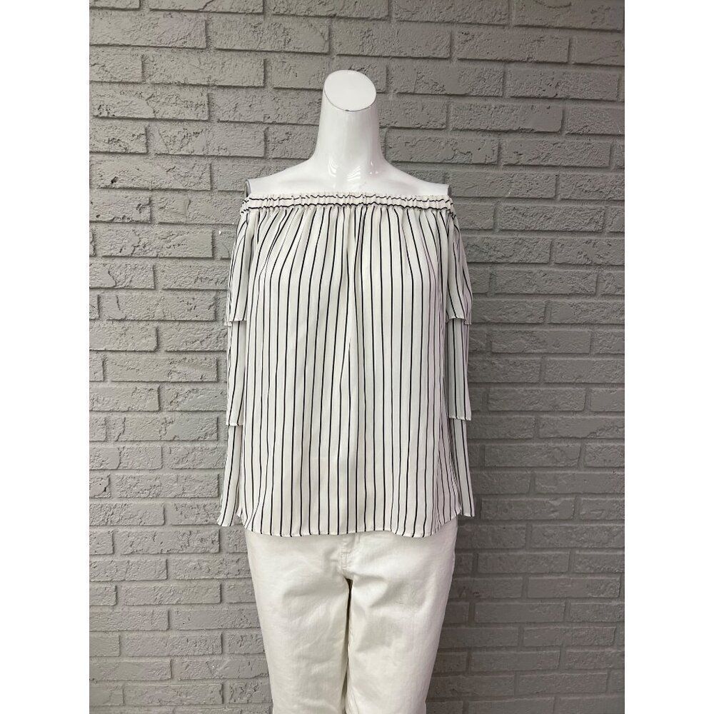 Worthington Women Stripe Off Shoulder Tiered Sleeve Blouse Size M